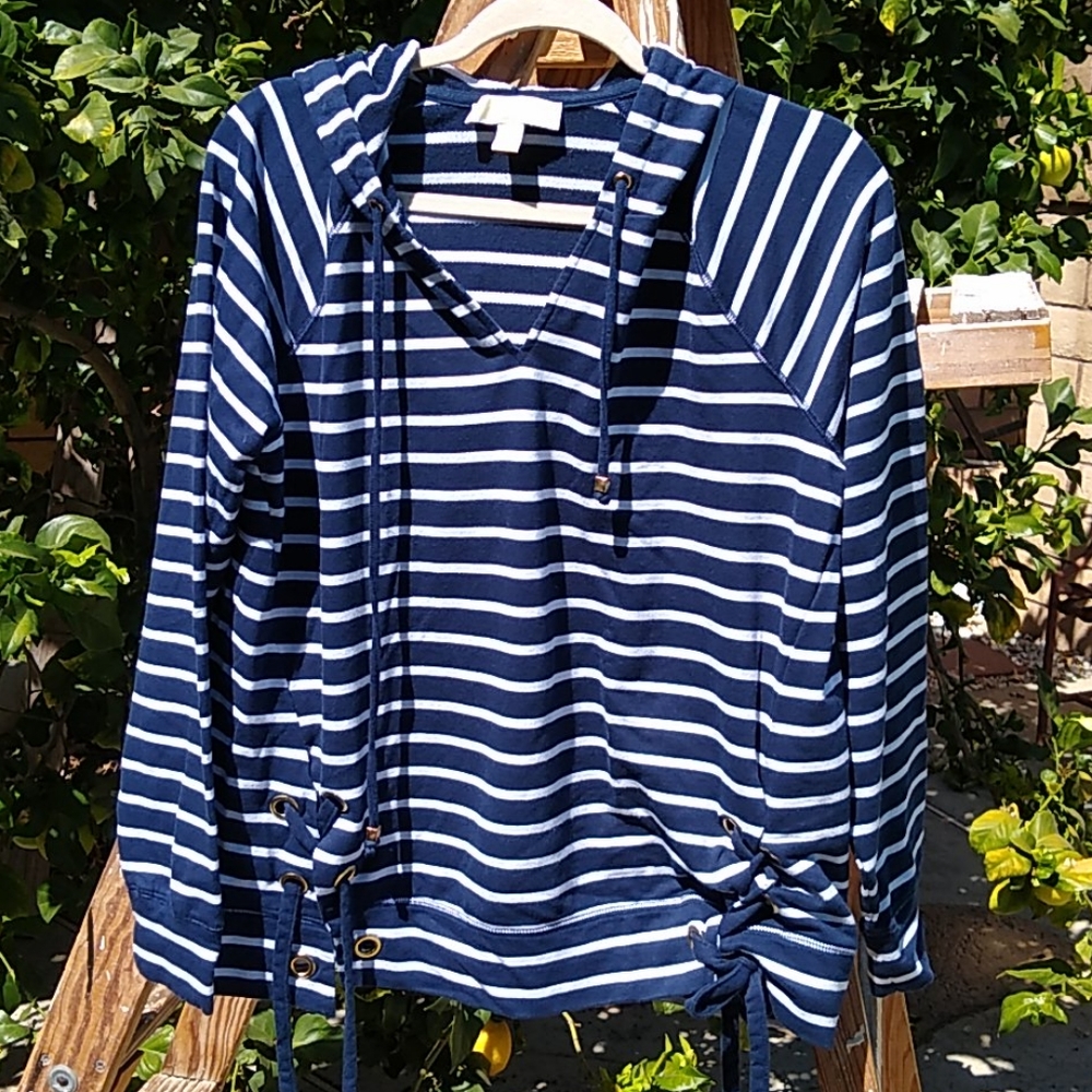 Michael Kors Navy Stripe Hoodie Lace-Tie Sides
